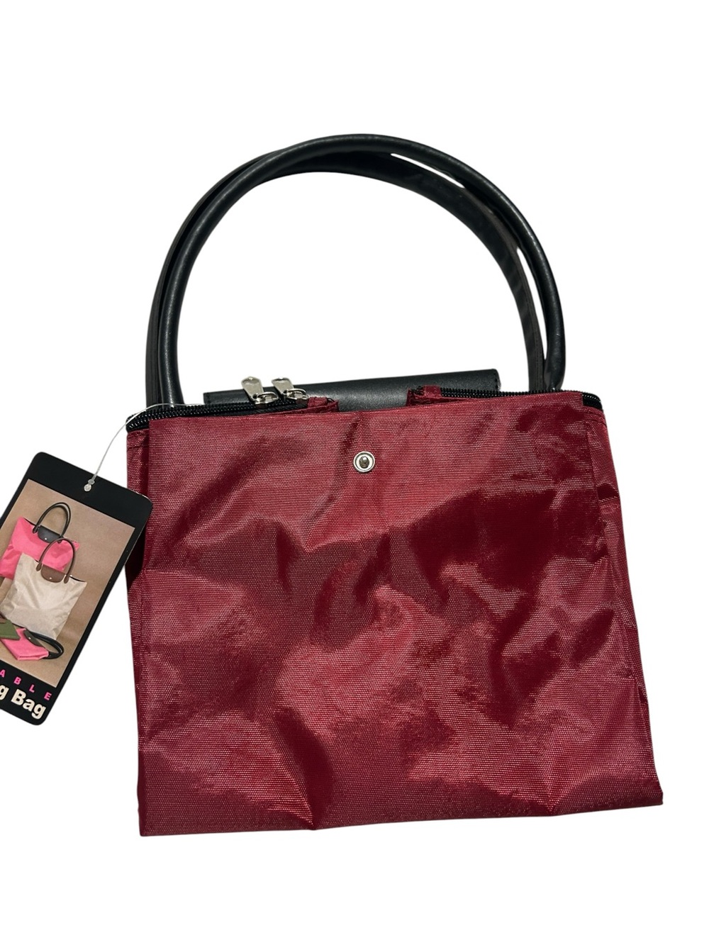 Foldable Women's Burgundy Tote Bag with Black Handles